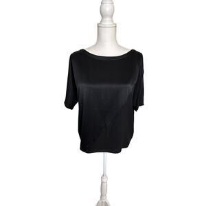 Eileen Fisher silk mixed media black short sleeve black crew neck blouse size M